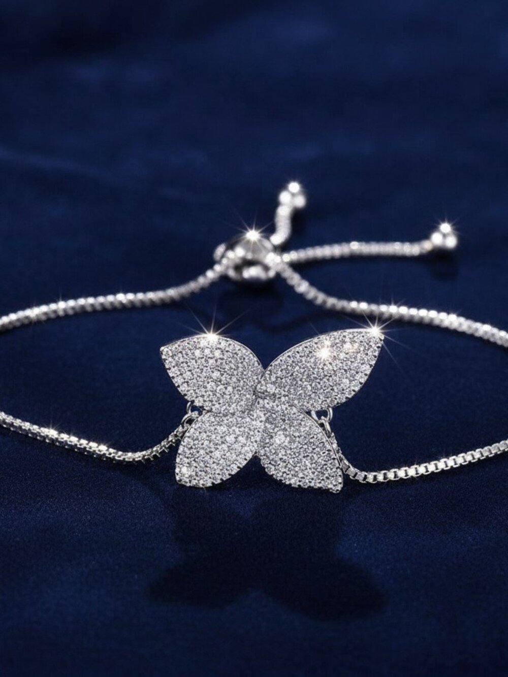 925 Sterling Silver Plated Women's CZ Butterfly Adjustable Bracelet